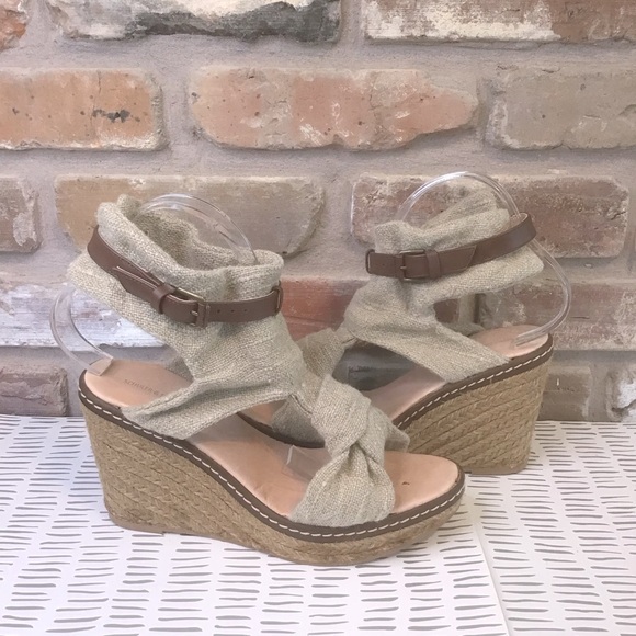 ANTHROPOLOGIE SCHULER & SONS Women Linen Burlap Ankle Strap Espadrille Wedges 40 - Picture 1 of 4